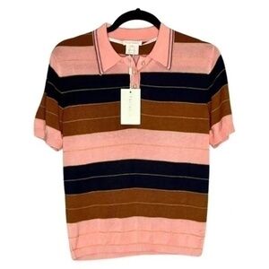 Foxiedox Anthro Striped Knit Polo Shirt MetallicThread Pearl Buttons Small